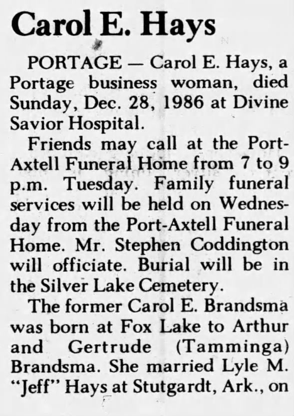 Obituary for Carol E Hays